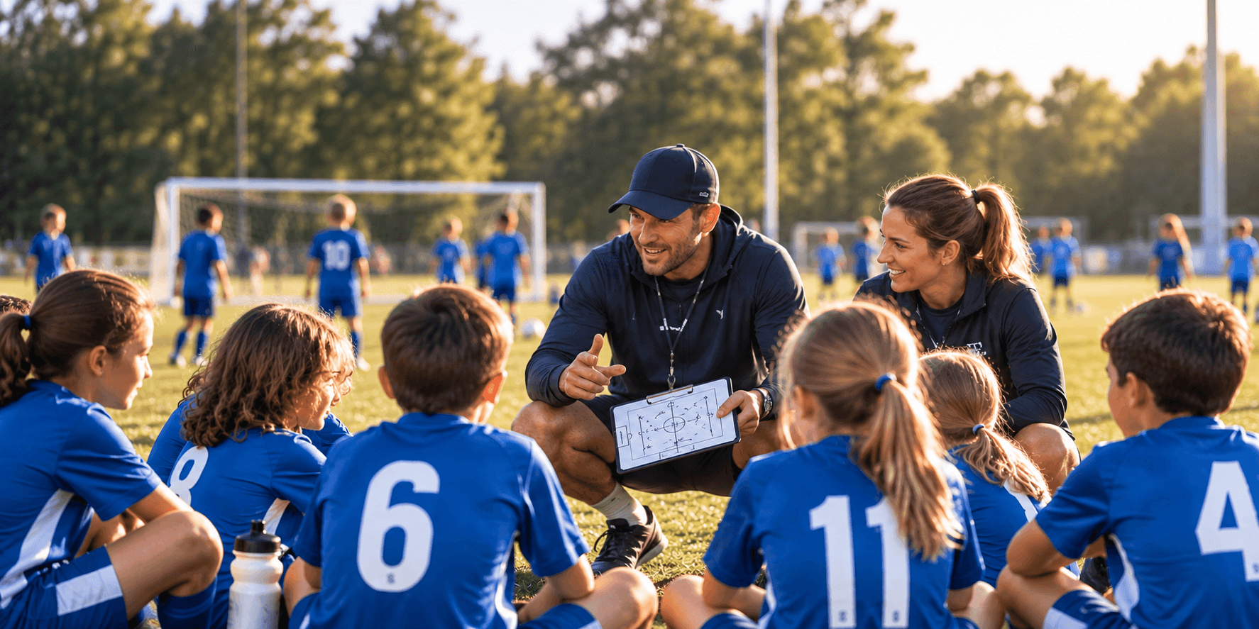Community sports coaches talking with young players during training.