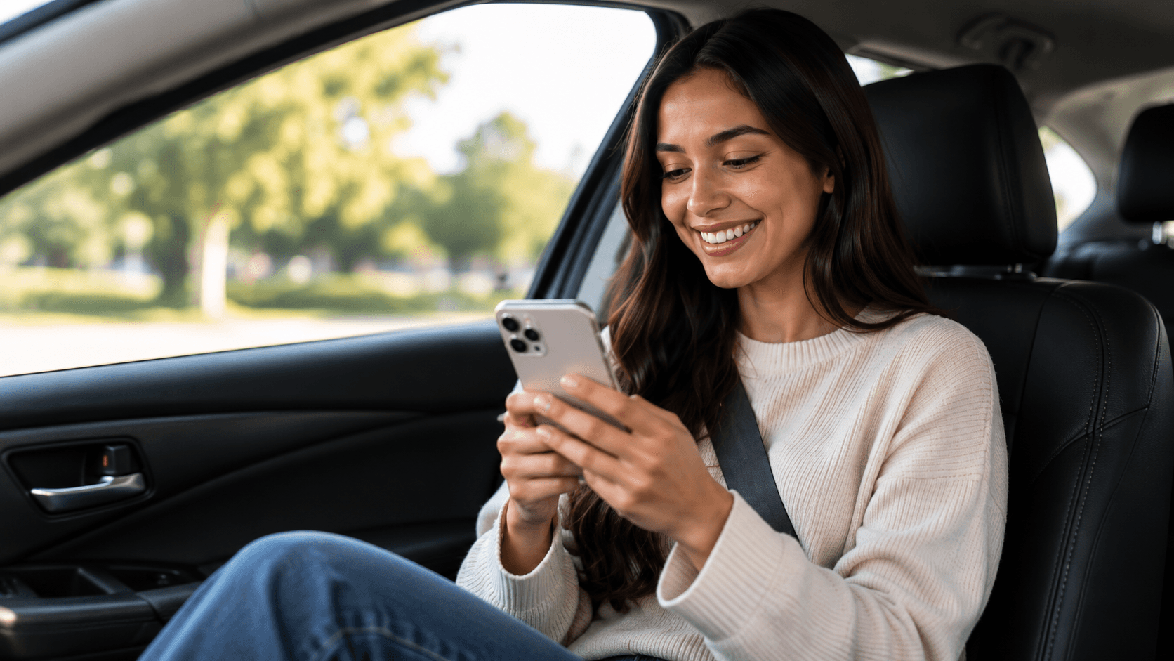 A participant sitting in a car and looking at her phone.