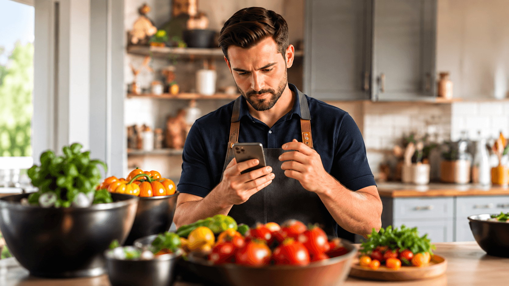 A participant checking his phone while preparing food in a kitchen.