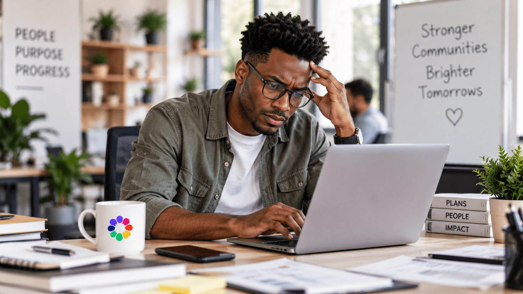 A participant looking at his laptop at work.