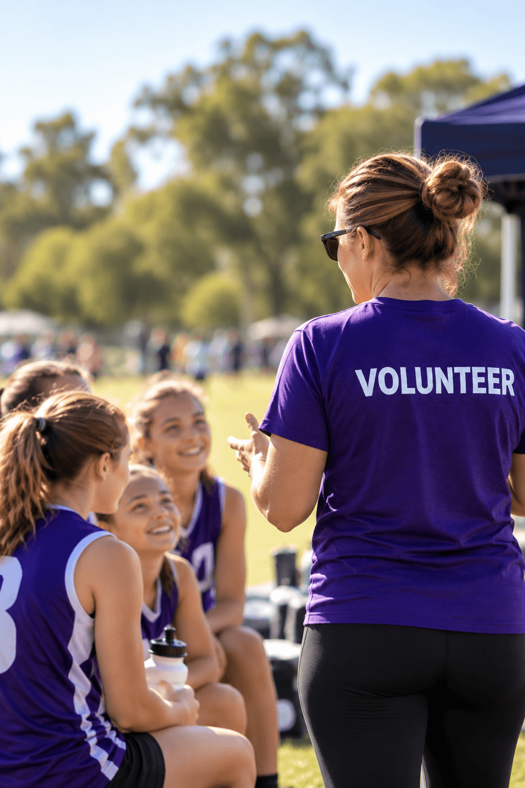 A volunteer coach talking with a team at an outdoor community event.