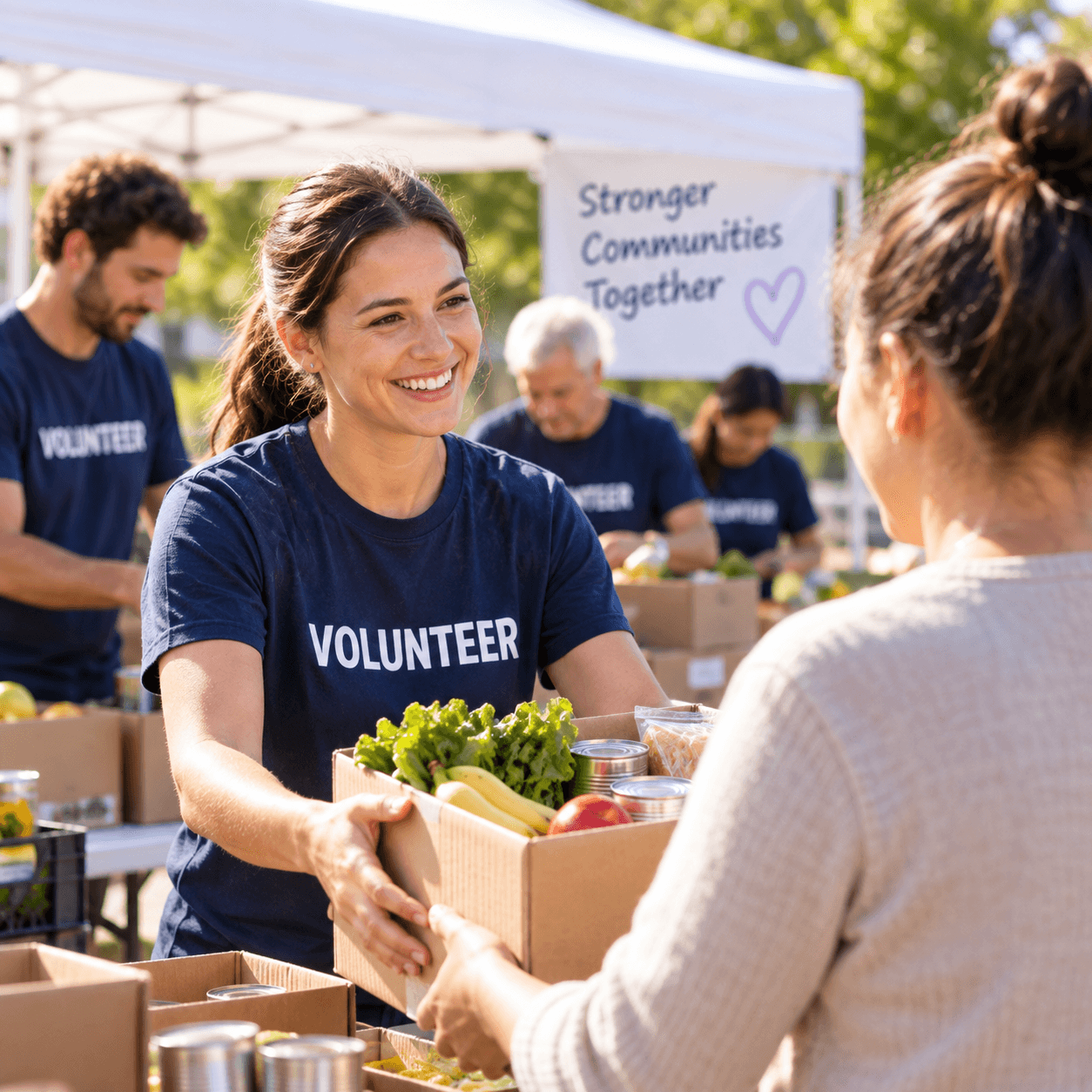 A volunteer sharing food with a community member