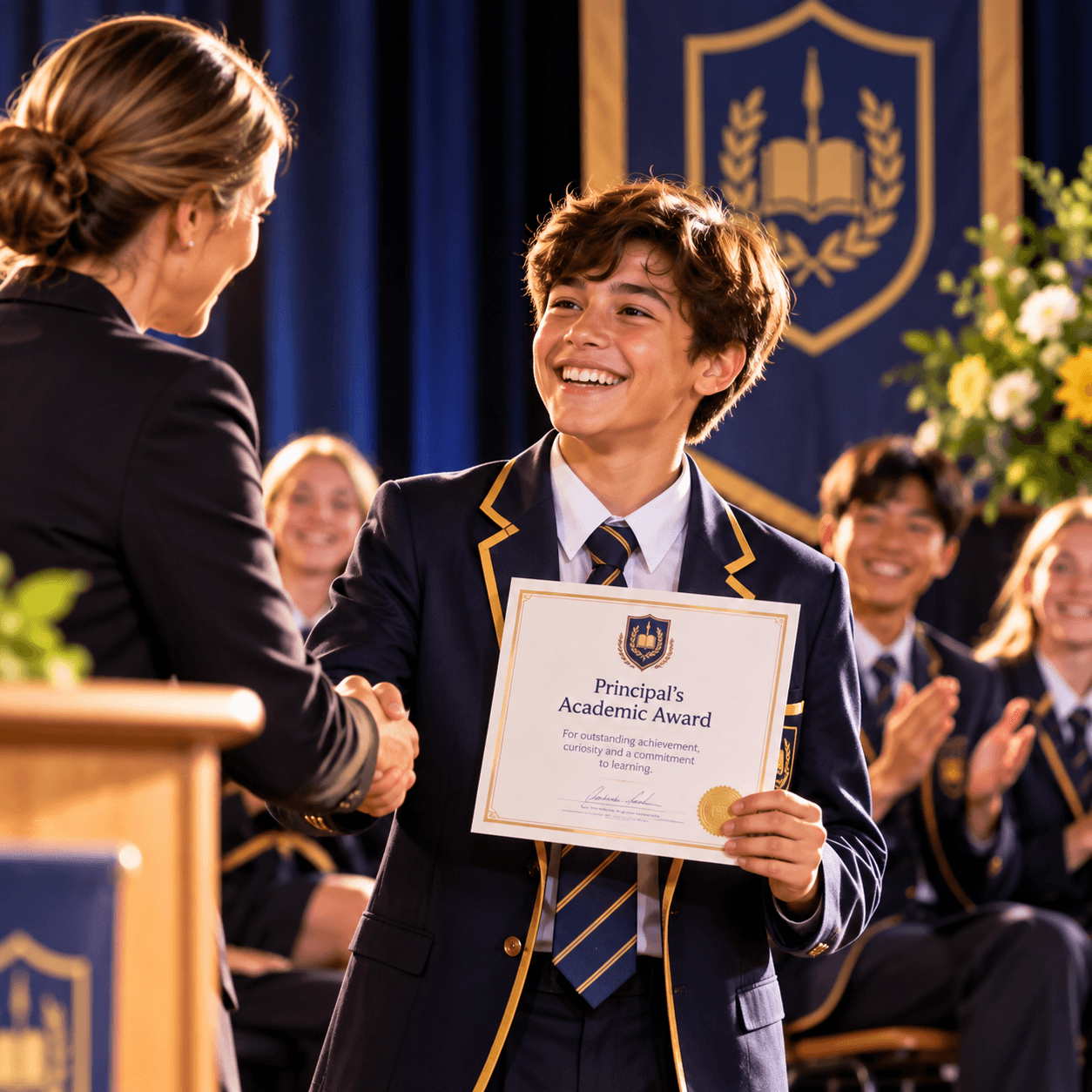 A student receiving an award at a school celebration. Same people. A brighter school.