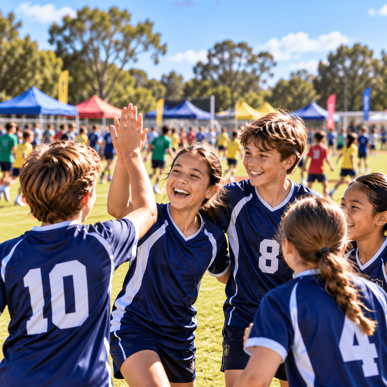 School teammates celebrating together with a high five at a sports carnival.