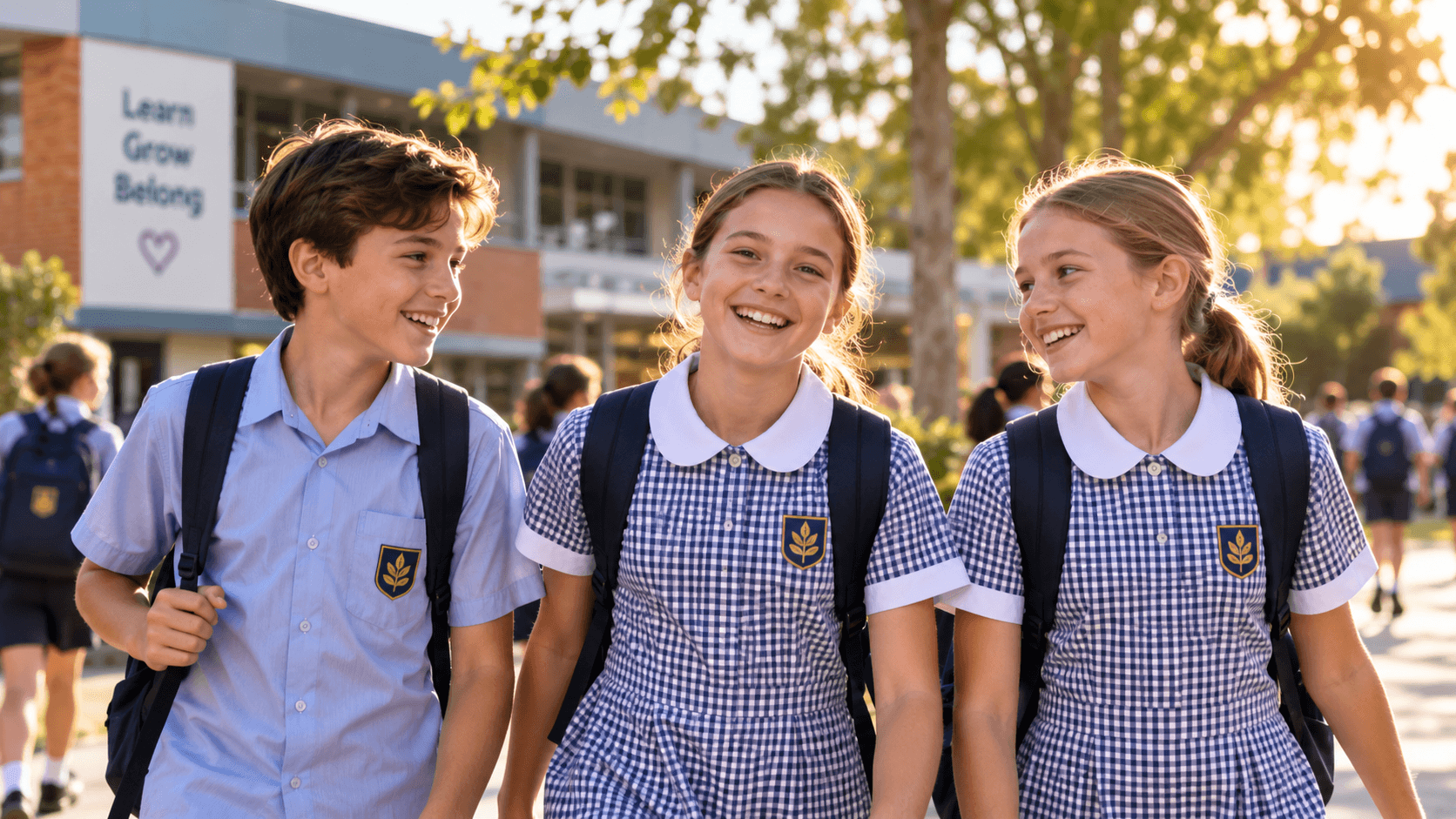 Three students with backpacks enjoying time together outside their school.