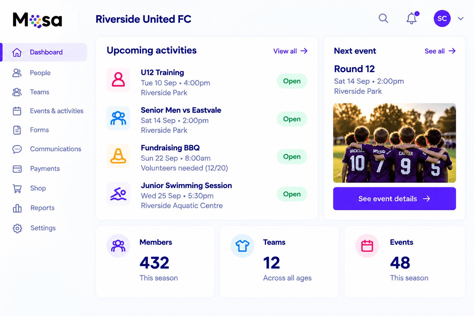 Mosa club dashboard showing upcoming activities, members, teams and events for Riverside United FC.