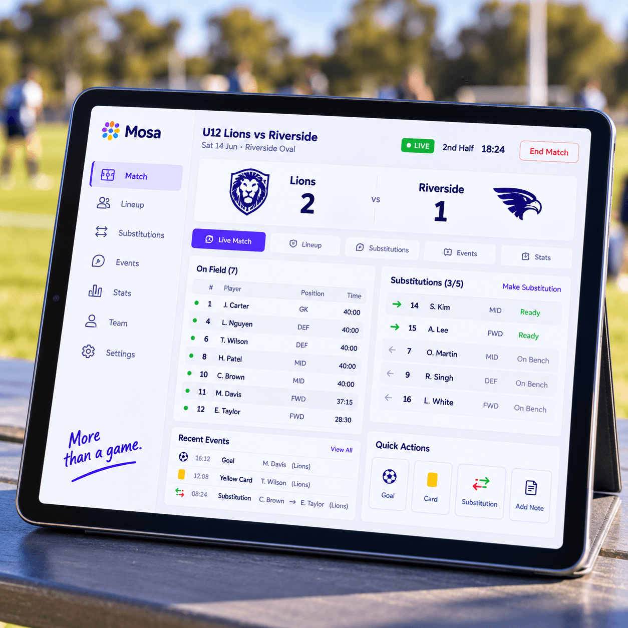 Illustrative Mosa Sport team and match interface displayed on a tablet.