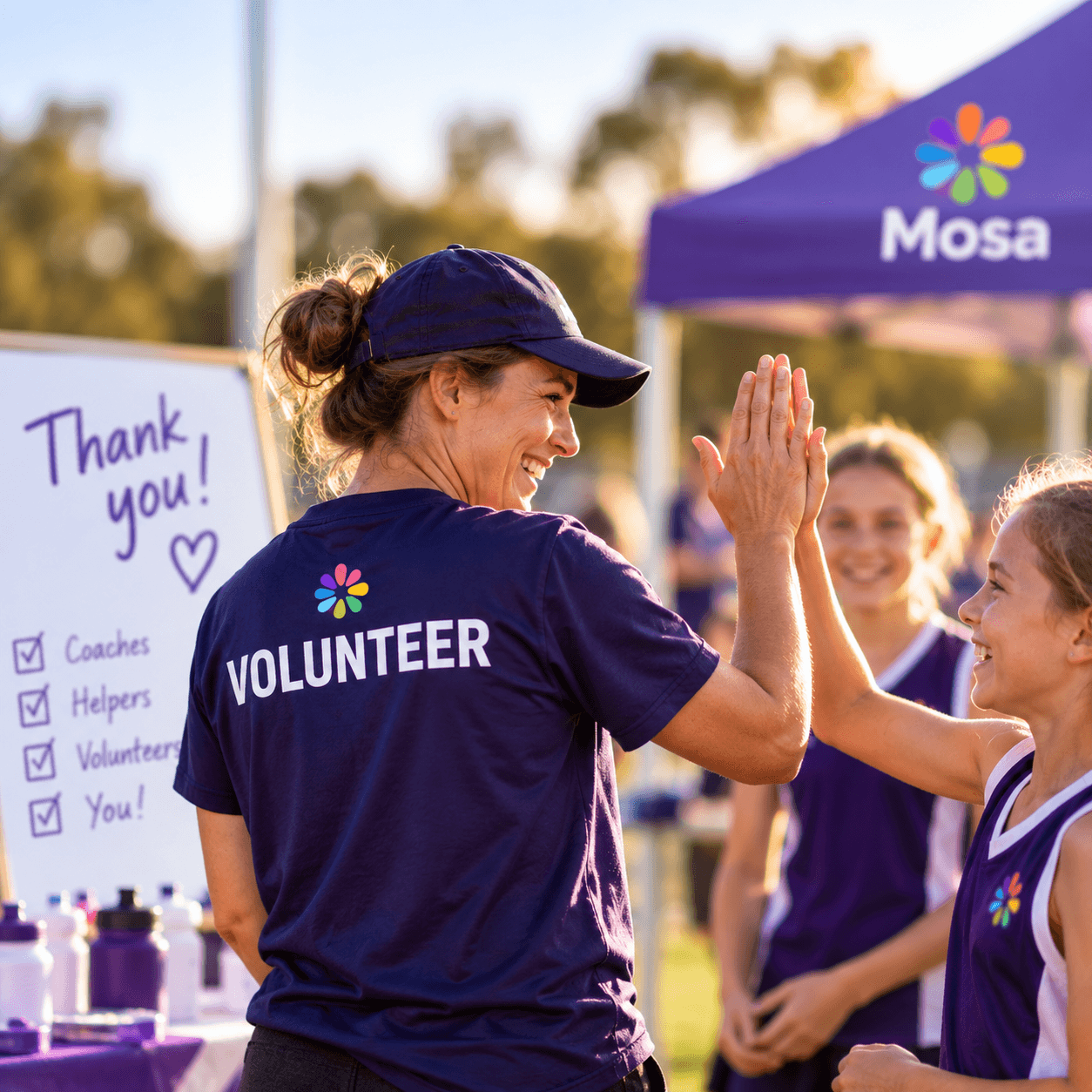 A club volunteer high-fiving a young player beside a Thank you! sign.