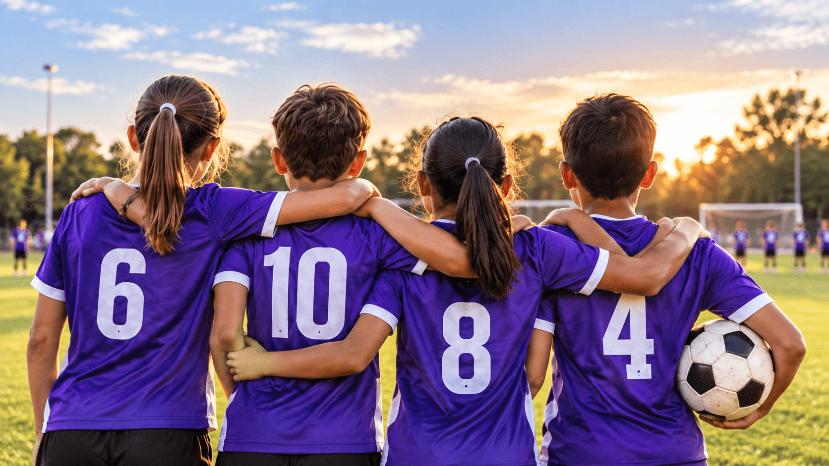 Young community sporting-club players standing together with their arms around one another.