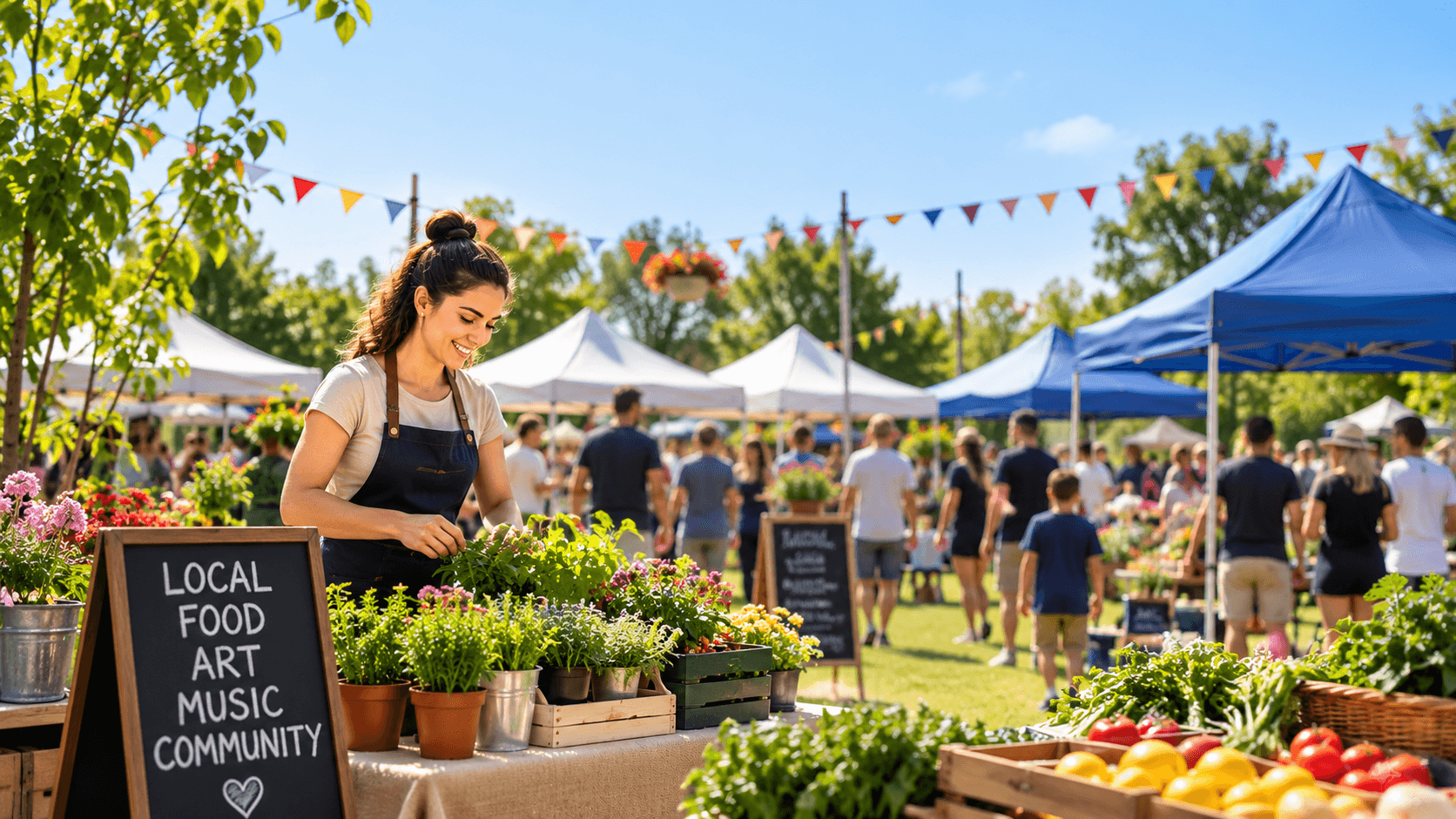 A community market volunteer tending plants beside a local food, art and music sign.