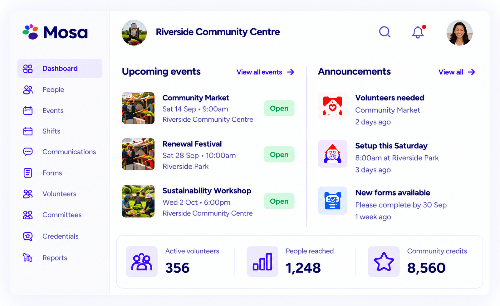 Mosa dashboard for Riverside Community Centre showing upcoming events, announcements and community participation.