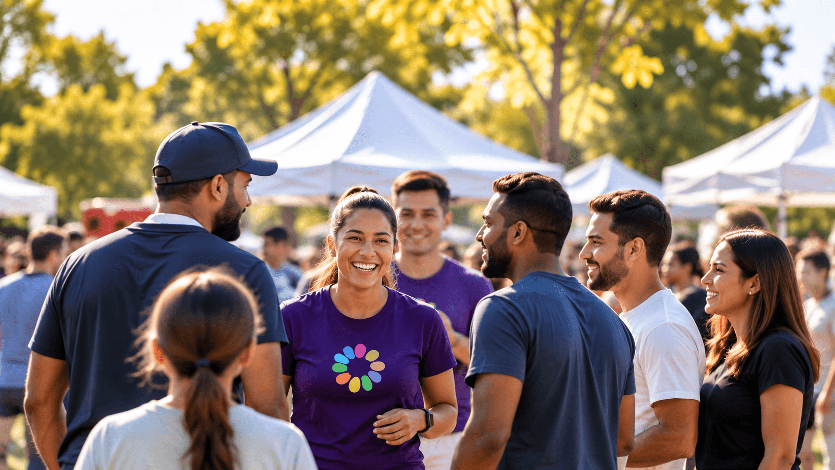 People gathering and connecting at an outdoor community event.