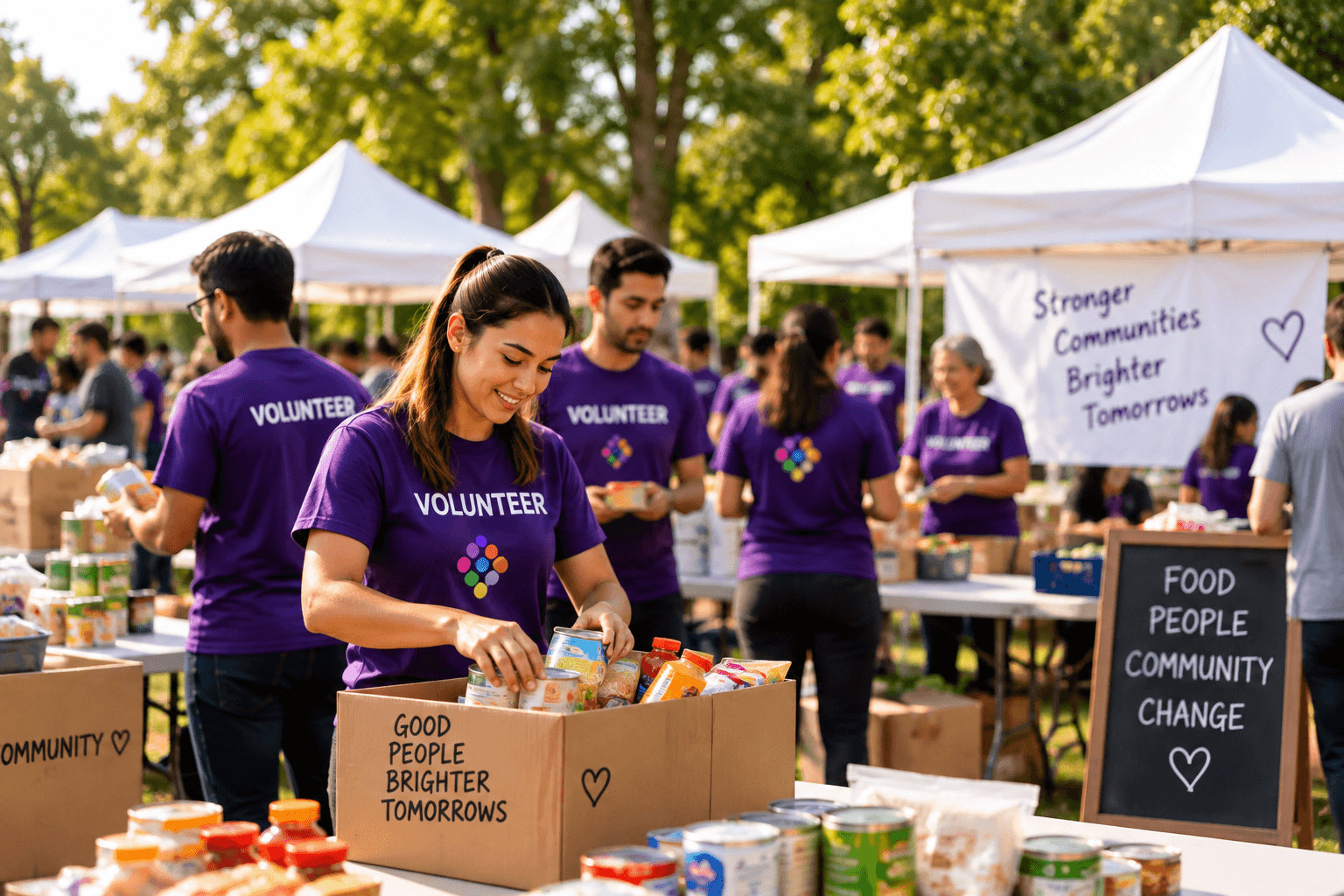 Volunteers packing food donations together at an outdoor charity event.