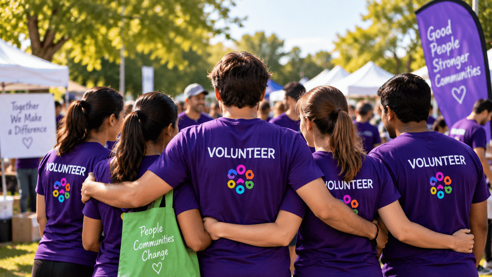 A group of volunteers in purple shirts supporting their community.