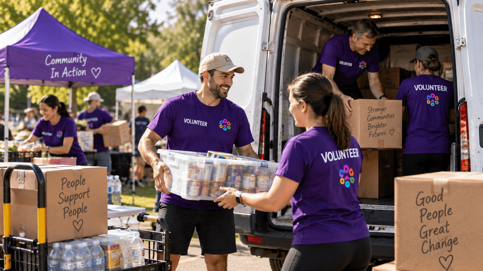 Volunteers coordinating supplies beside a delivery van.