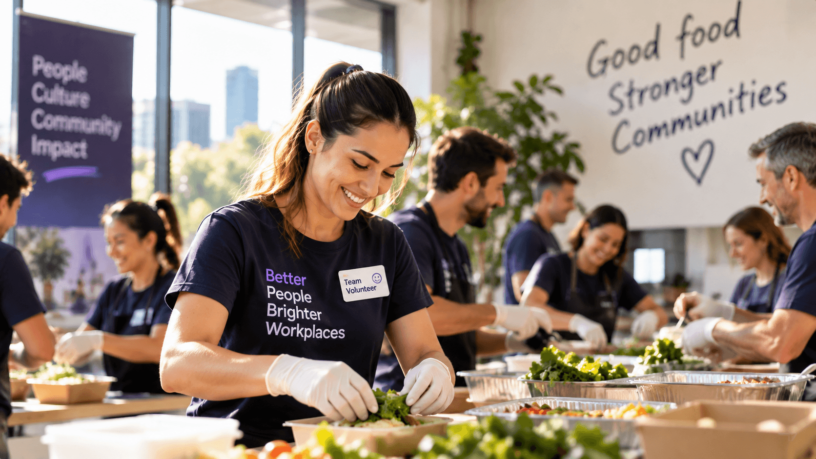 Workplace volunteers preparing food together for their community.