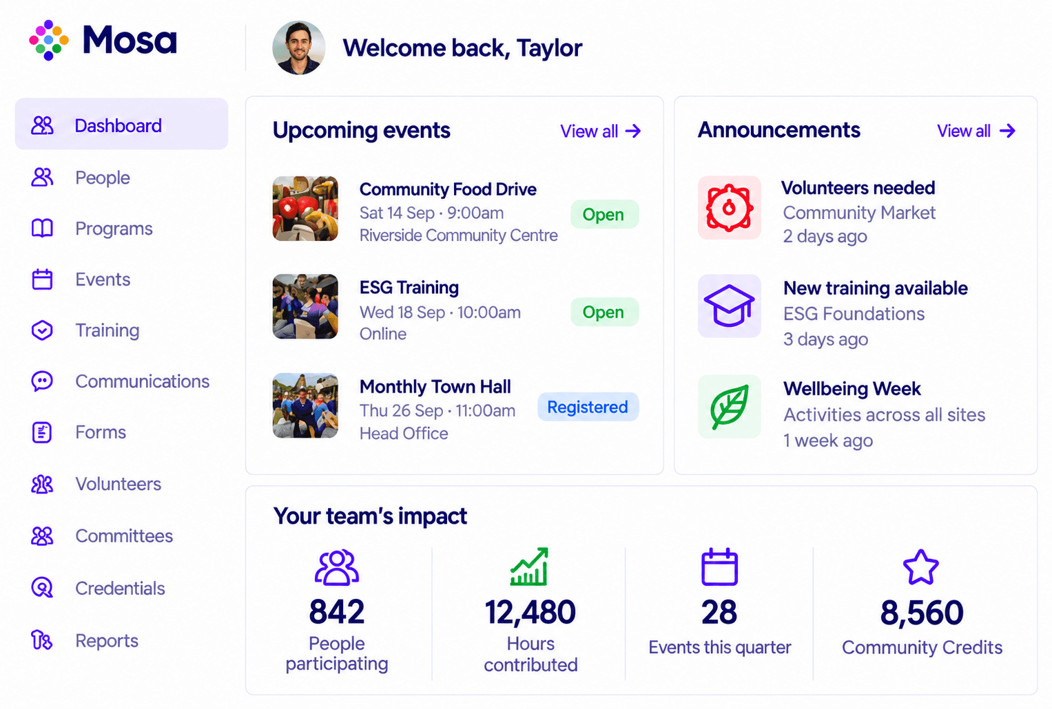 Mosa workplace dashboard showing upcoming events, announcements and your team’s impact.