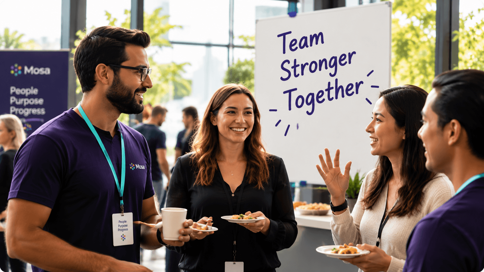 Colleagues sharing food and conversation at a workplace event.