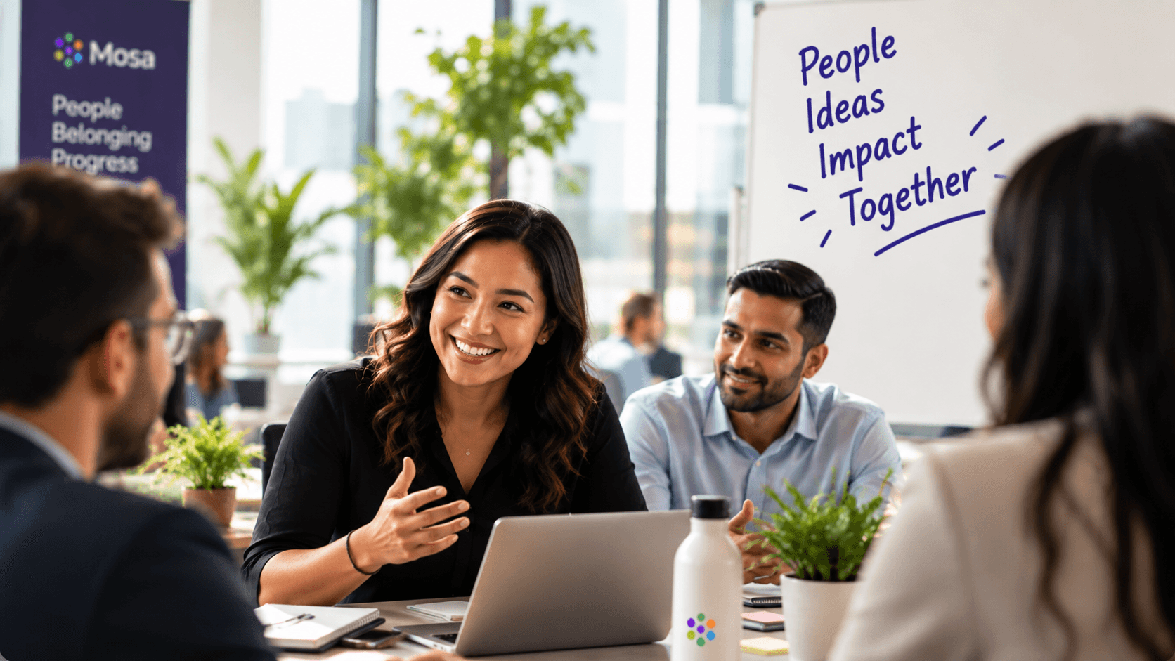 An employee leading a collaborative group discussion around a table.