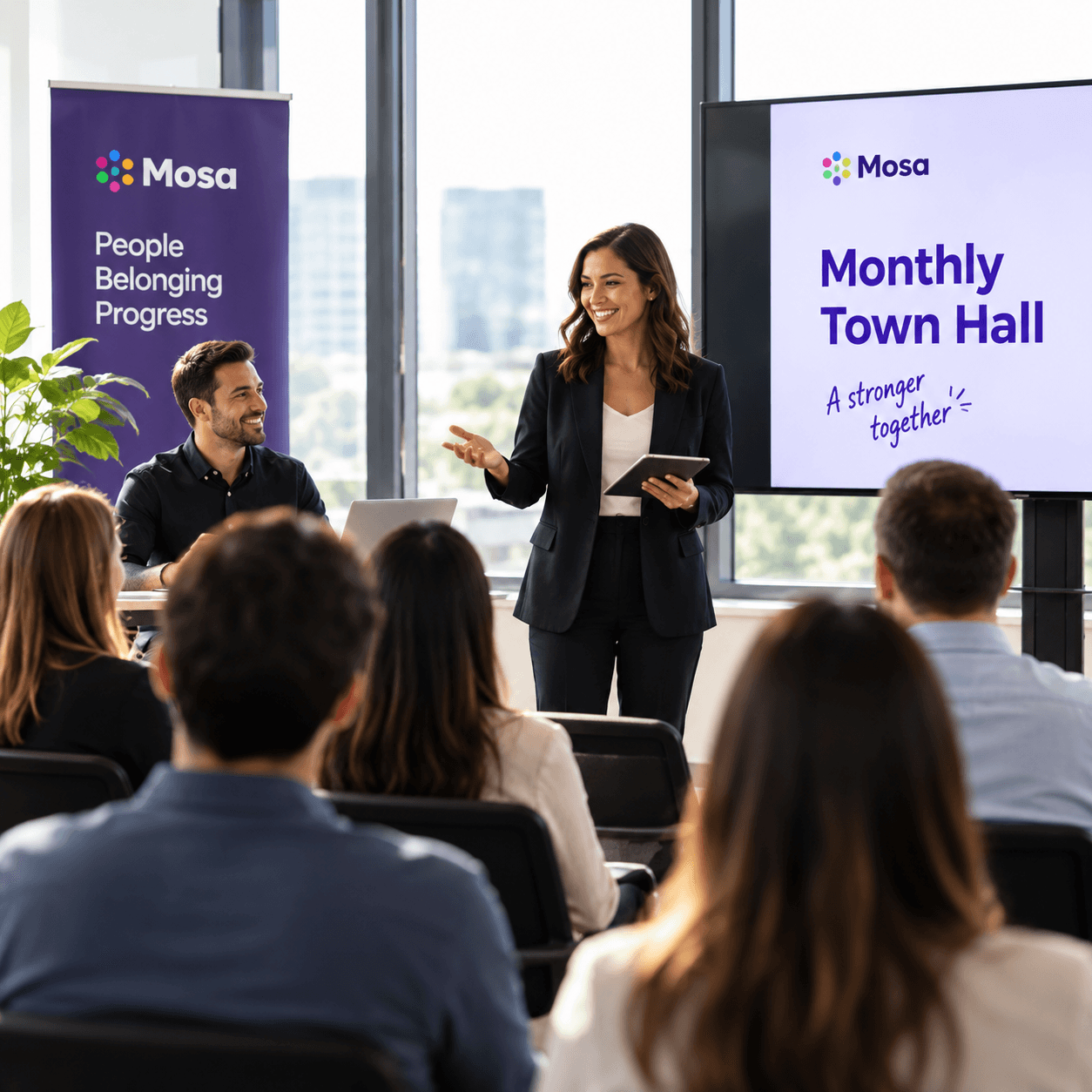 Colleagues attending a workplace town hall presentation.
