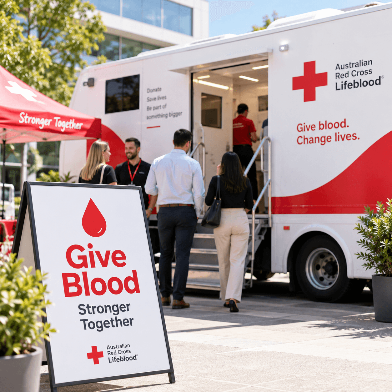 Employees arriving at a mobile blood donation centre.