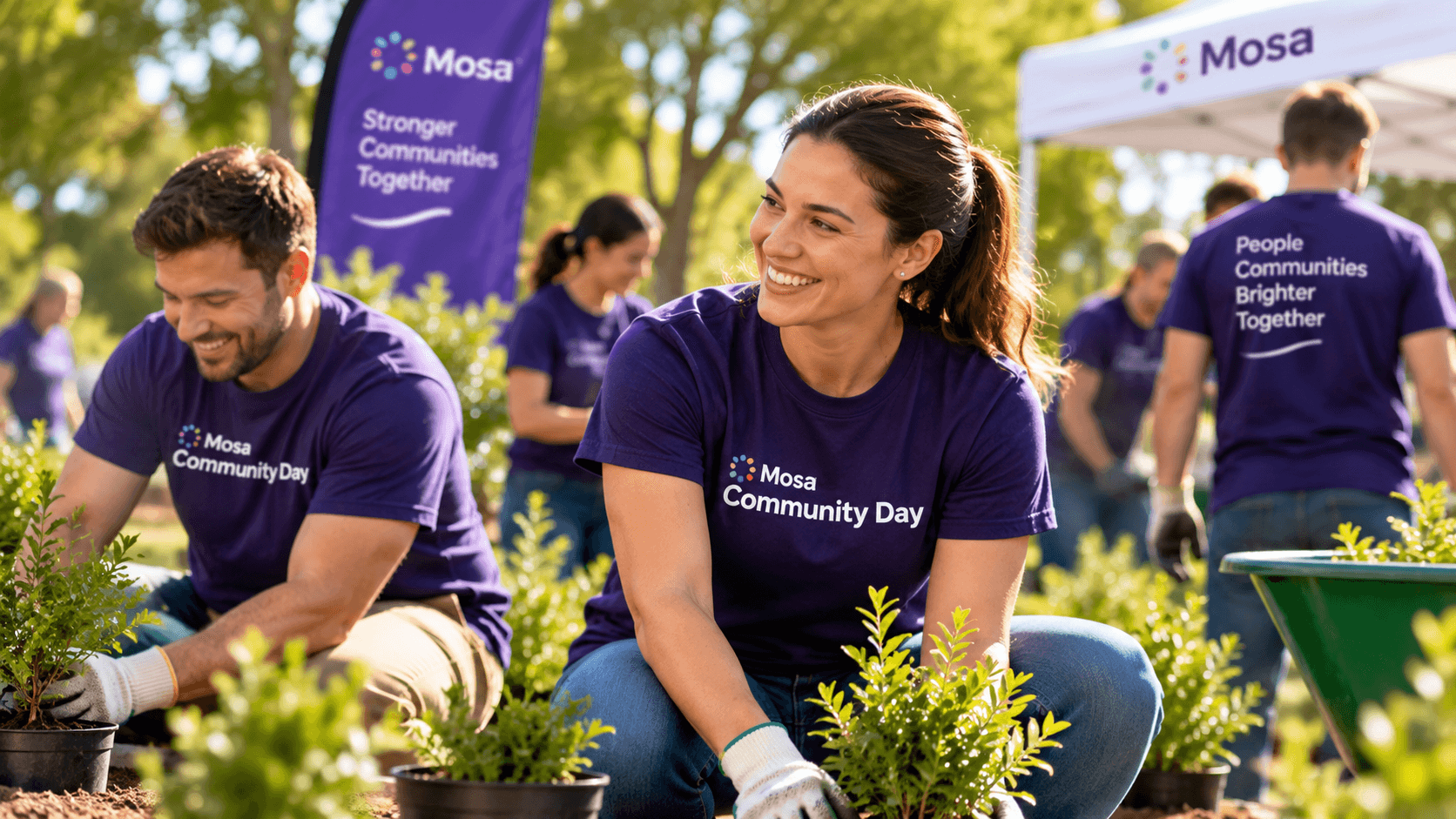 Colleagues planting together at a community day.
