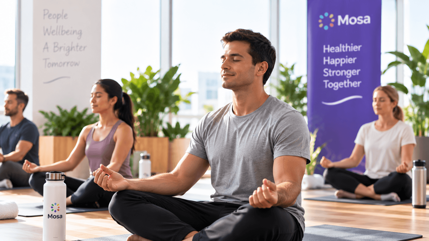Colleagues taking part in a guided meditation activity.