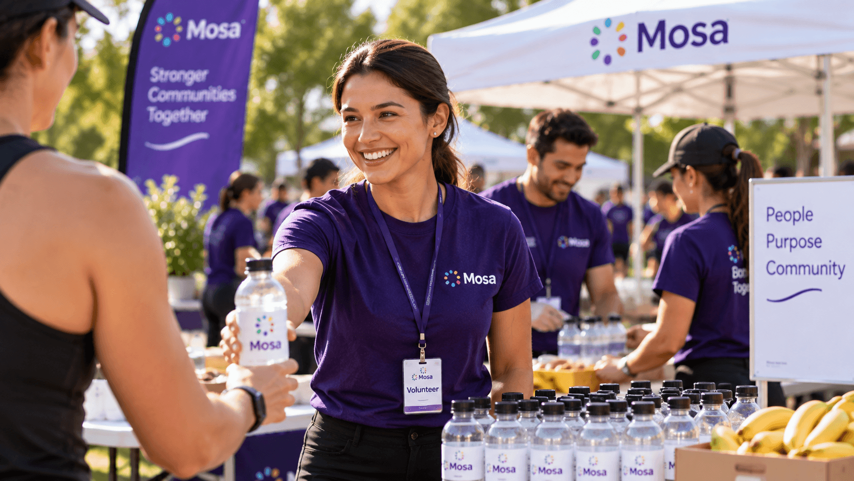 A workplace volunteer handing water to an event participant.