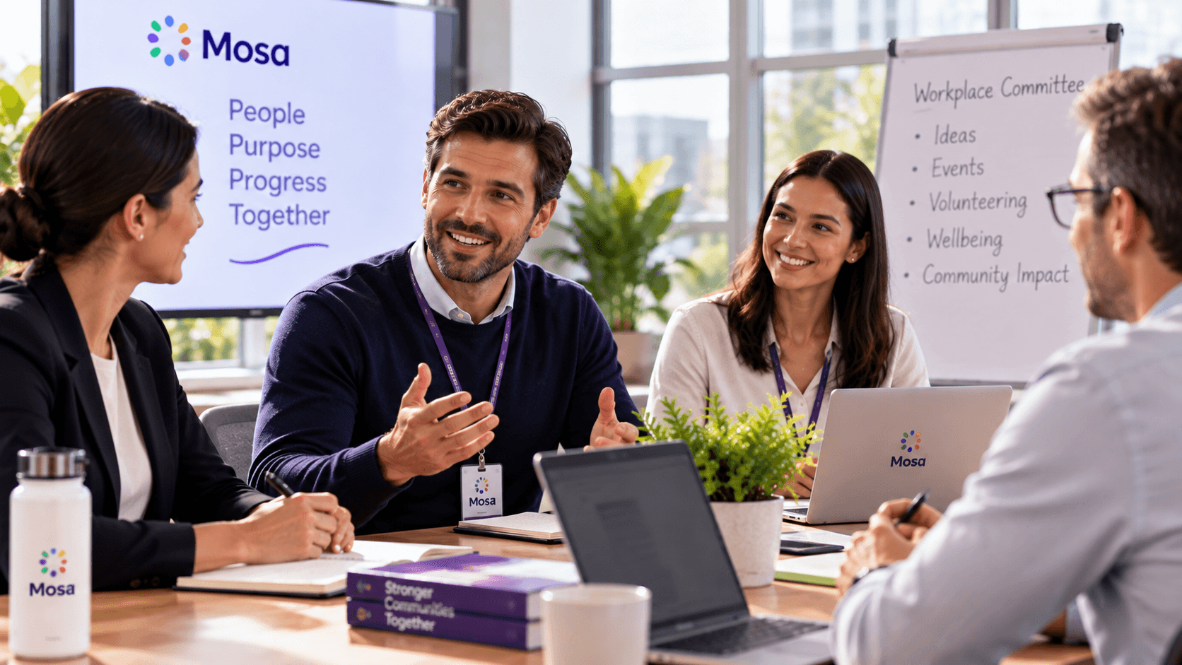 Workplace committee members discussing ideas around a table.