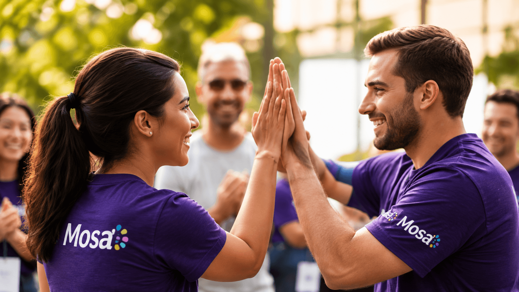 Colleagues high-fiving as their team celebrates workplace contributions.