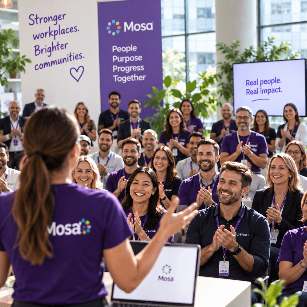 An enterprise team gathering to celebrate workplace participation.