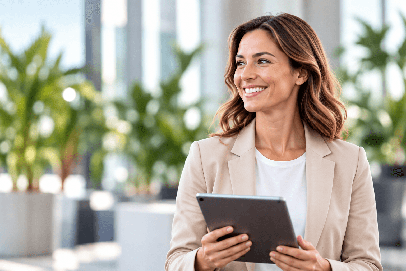 Enterprise network leader holding a tablet in a bright workplace.