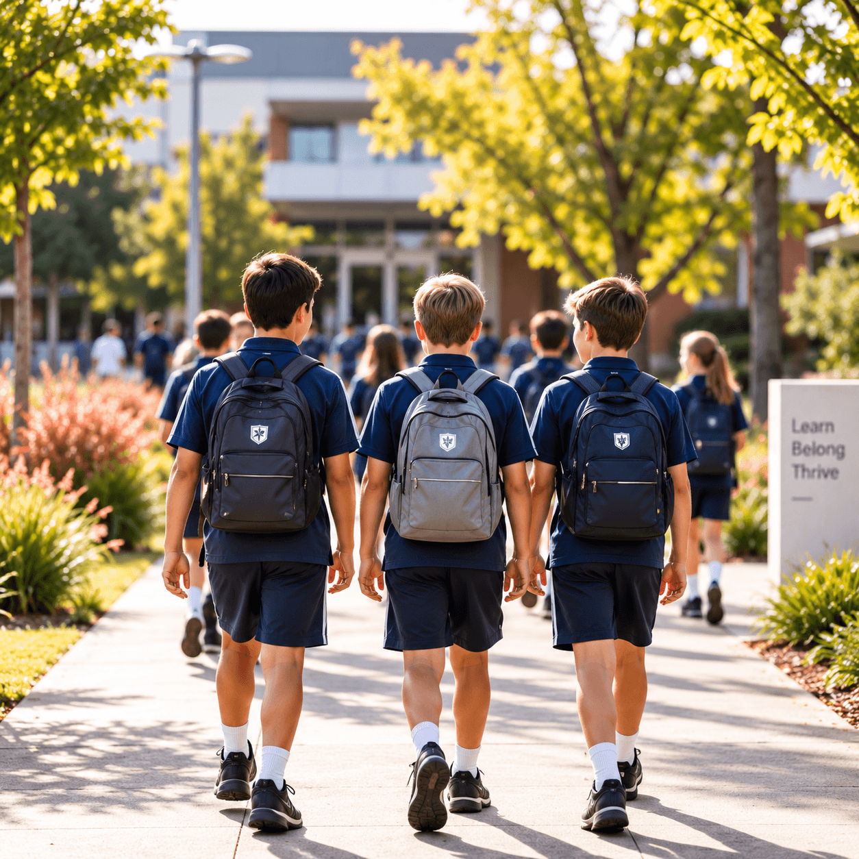 Students walking together through a school community.