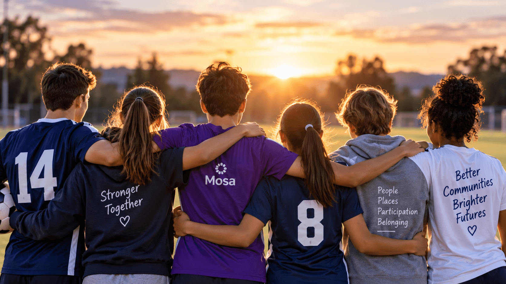 Participants standing together with their arms around each other at sunset.