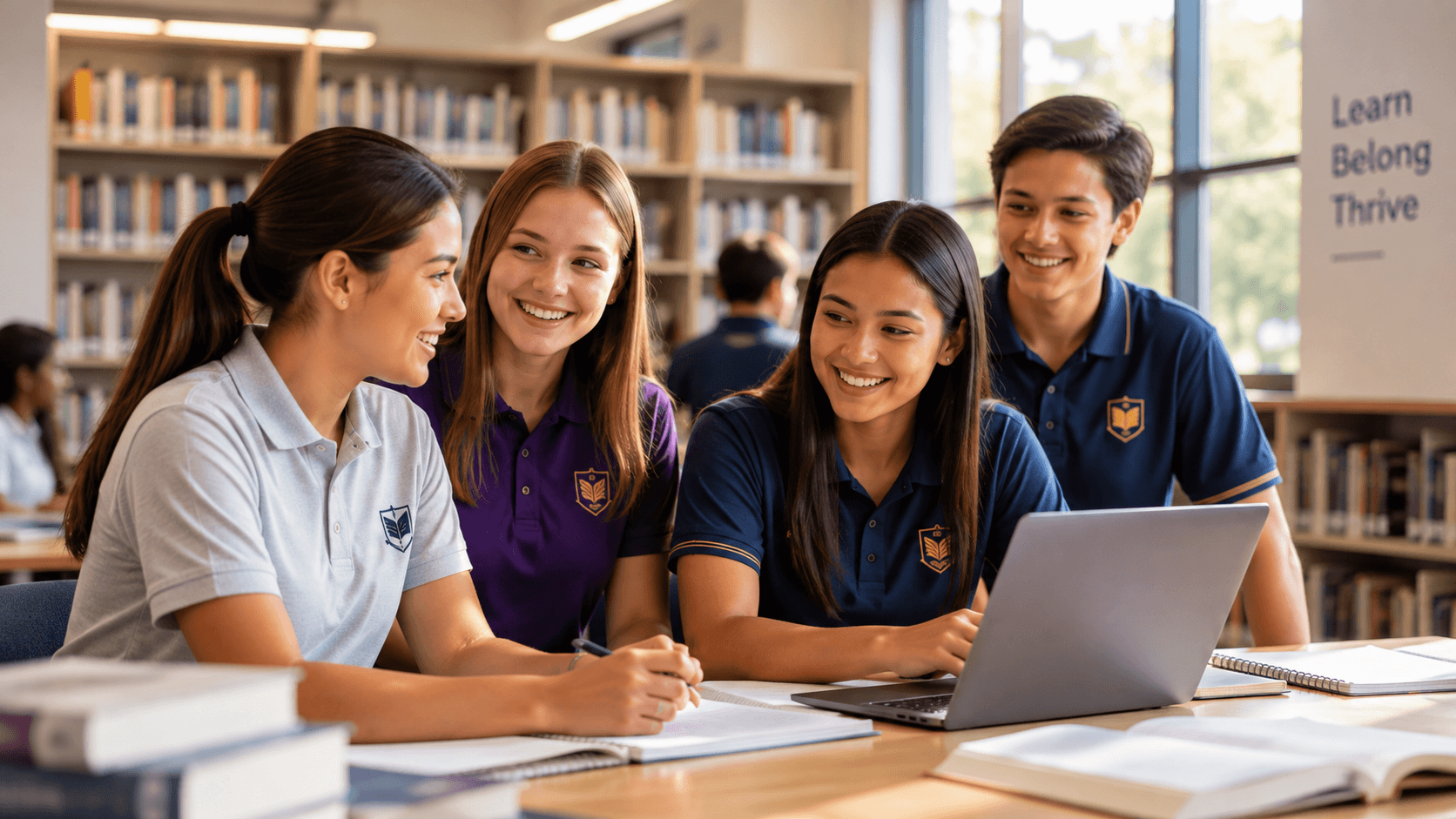 School students working together around a laptop.