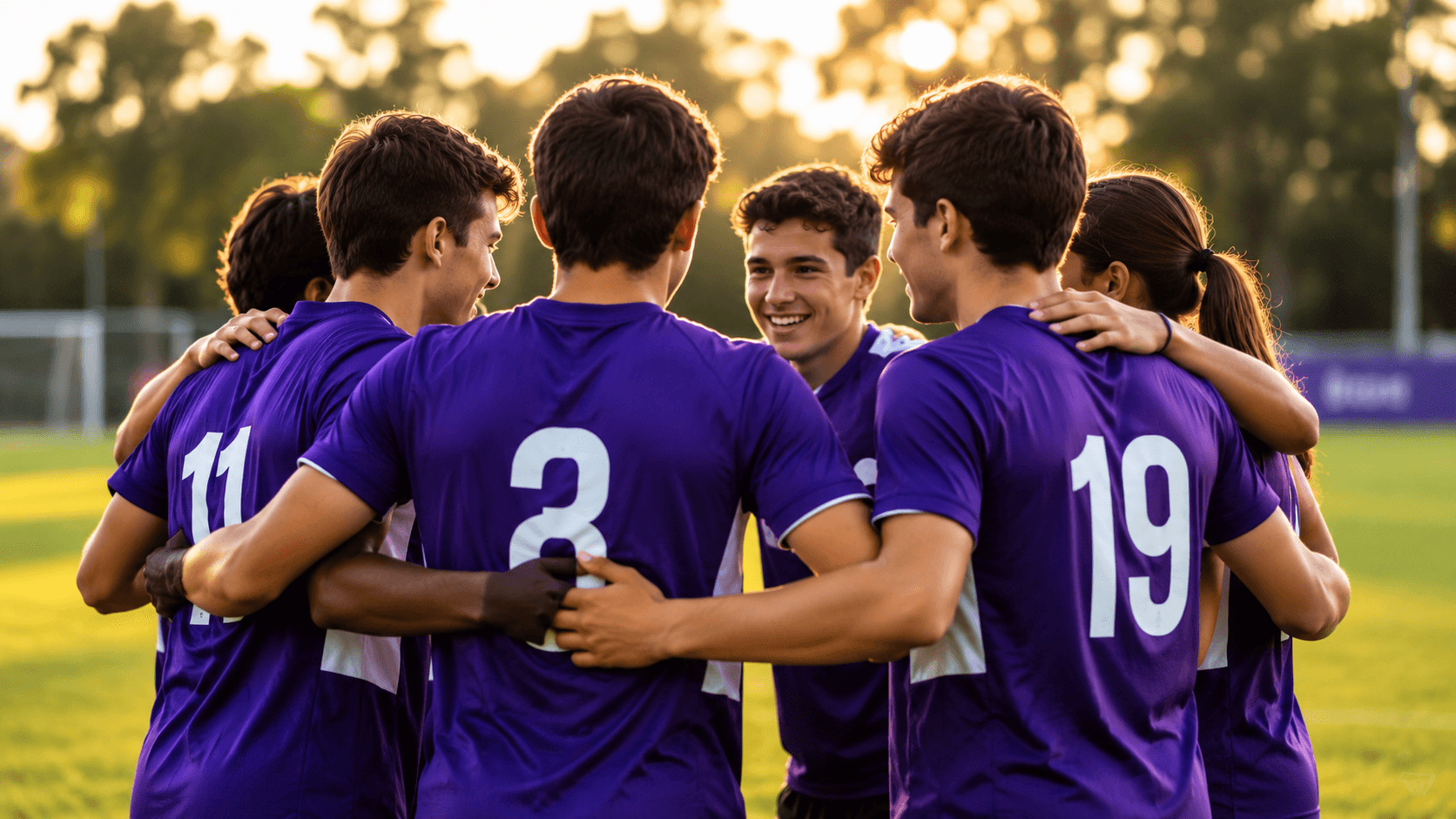 Sporting club players coming together in a team huddle.