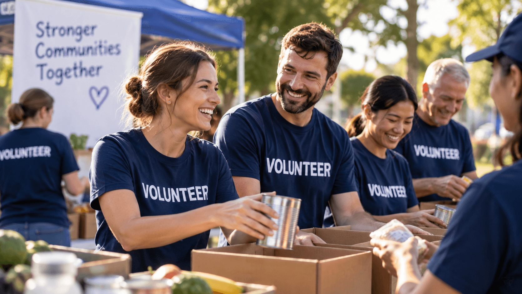 Volunteers packing food donations together.