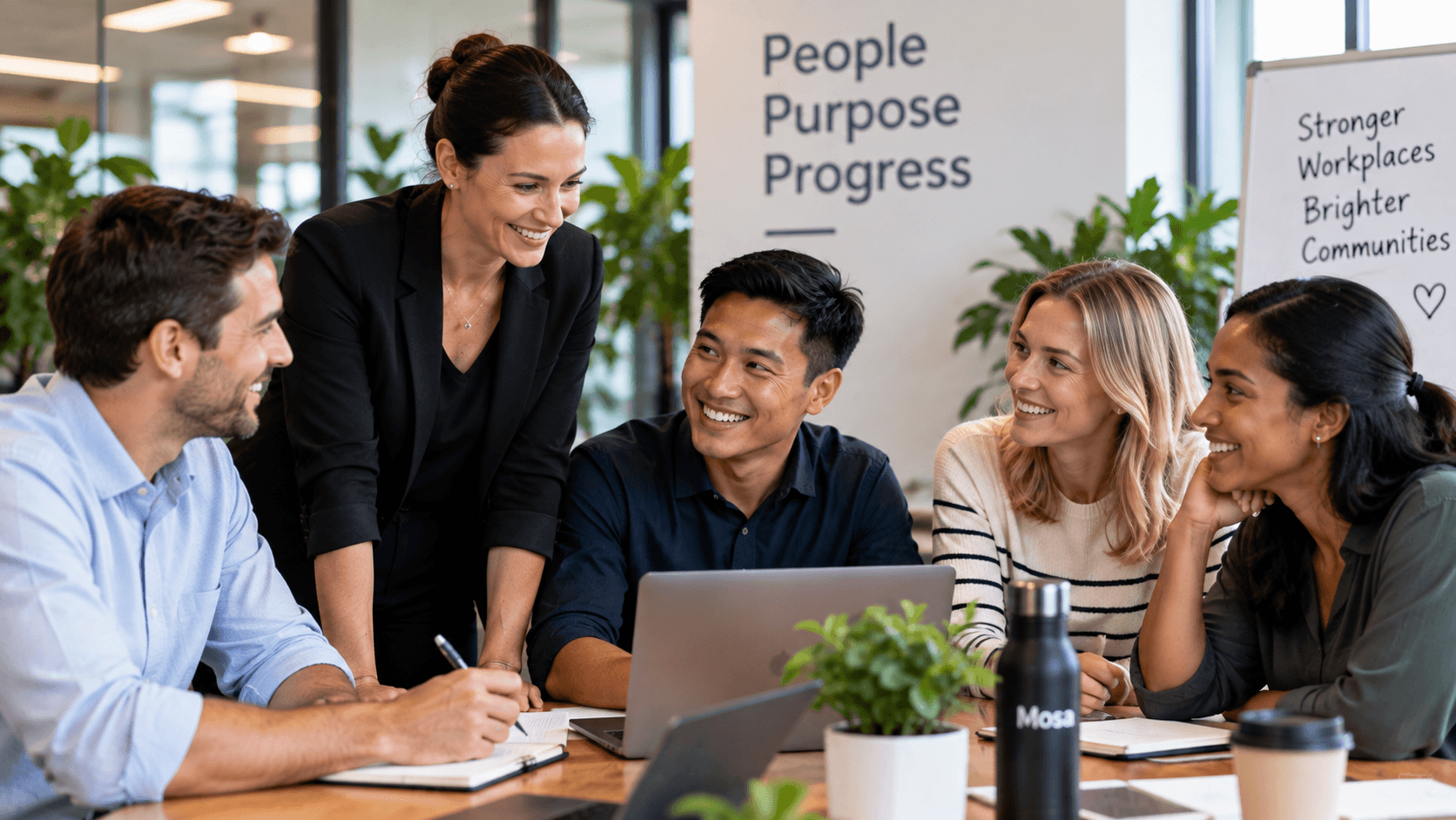Workplace colleagues collaborating around a table.