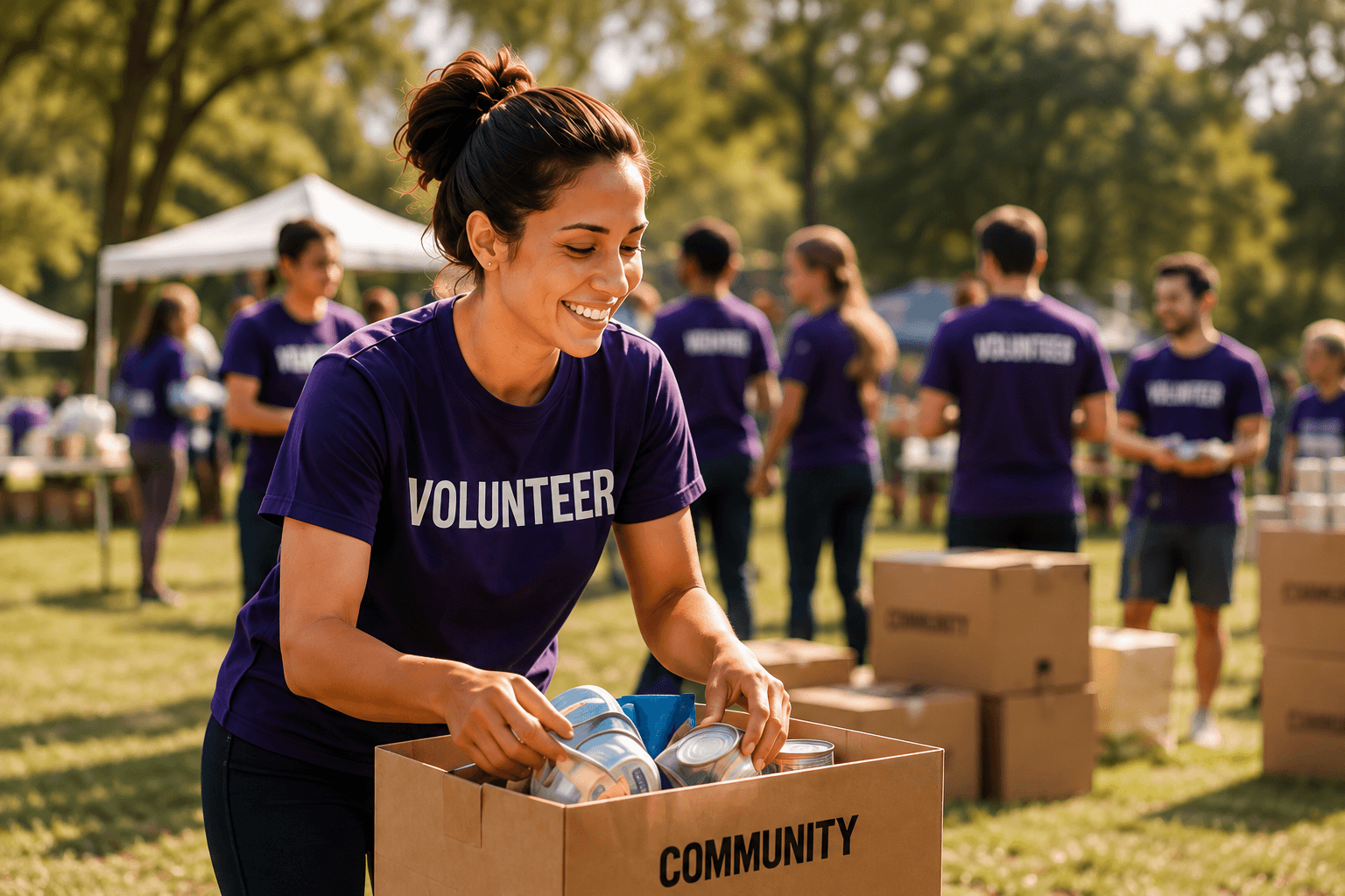 Volunteer packing community donations at an outdoor event.