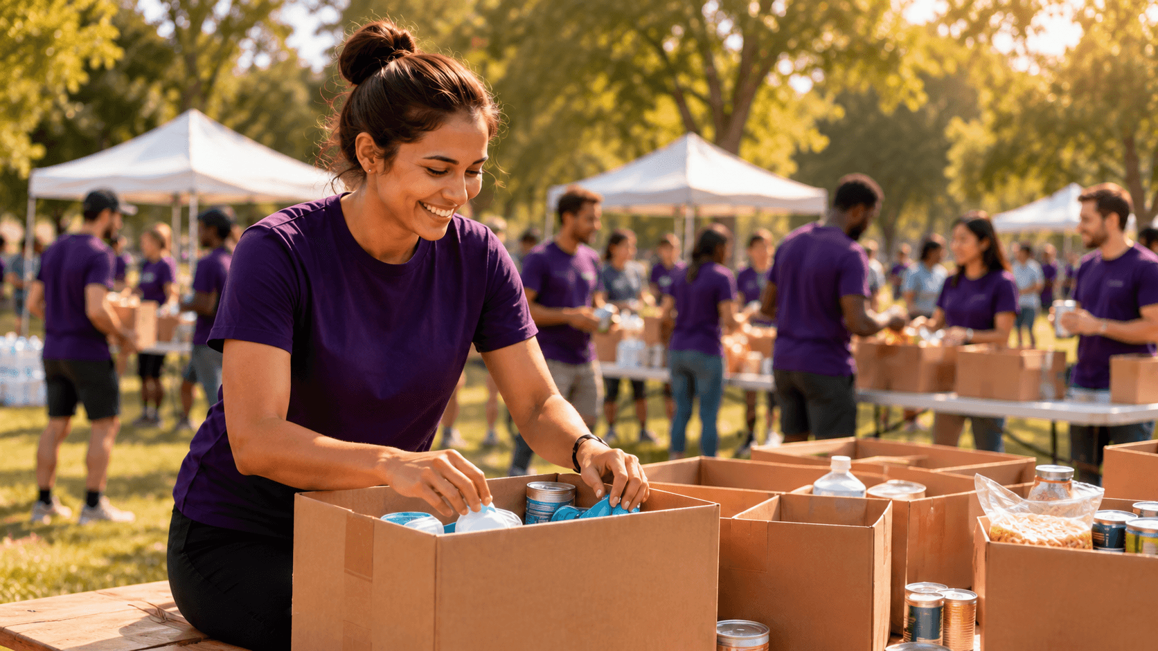 Volunteer packing community donations at an outdoor community event.