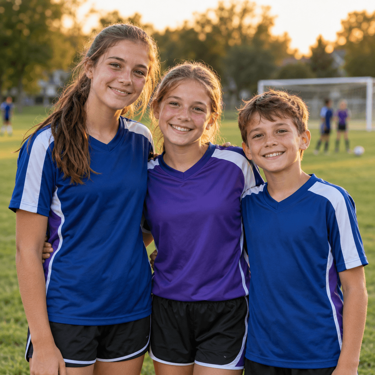 Three young players in team shirts at a community sports field.