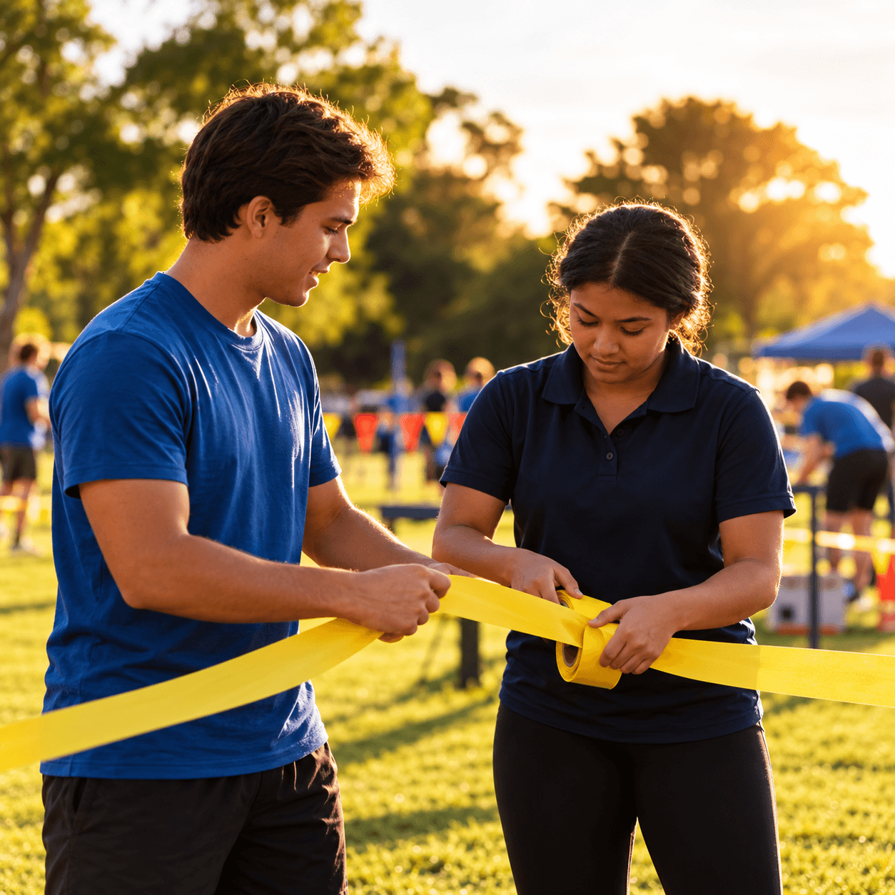 Two community volunteers setting up an outdoor event together.
