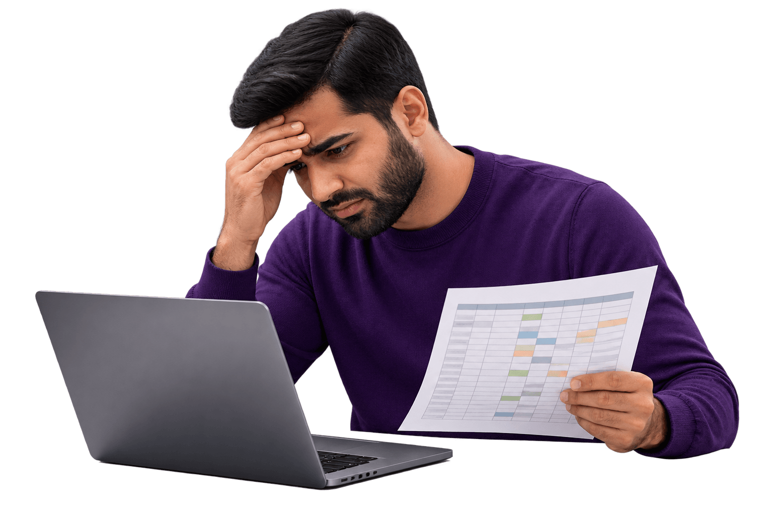Frustrated coordinator reviewing a spreadsheet at a laptop.