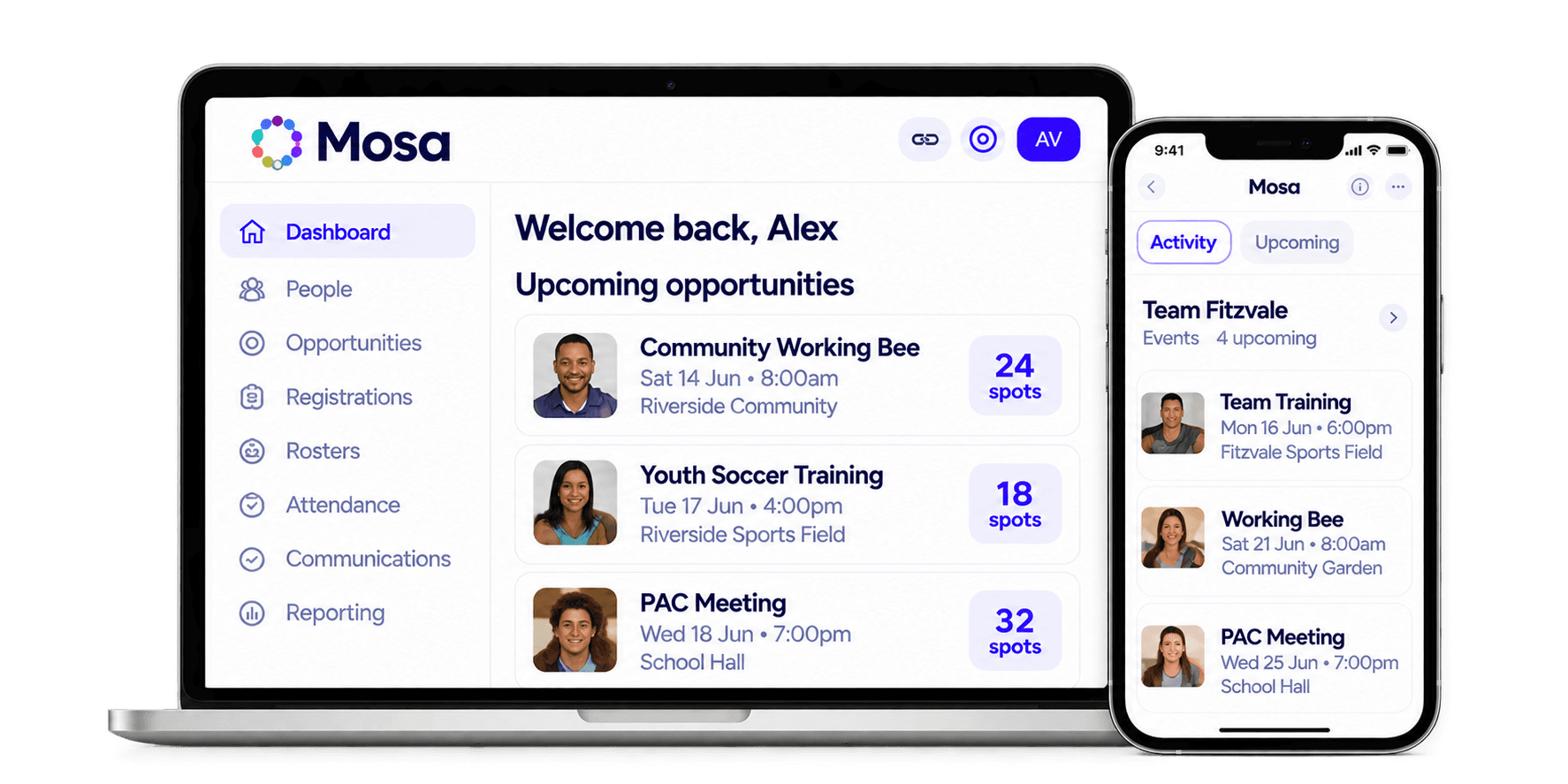 Mosa on laptop and phone, bringing community opportunities, registrations and activities together.