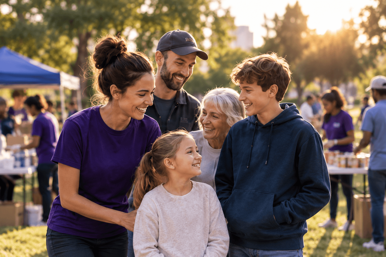 Family and volunteers enjoying a community gathering together.