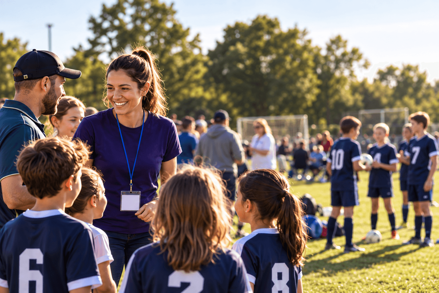 A volunteer coordinator welcoming families and young players at a community sports event.