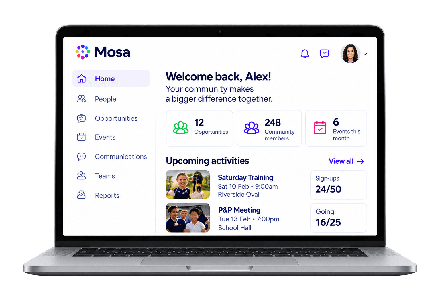 Mosa dashboard connecting community members, opportunities, events and upcoming activities.