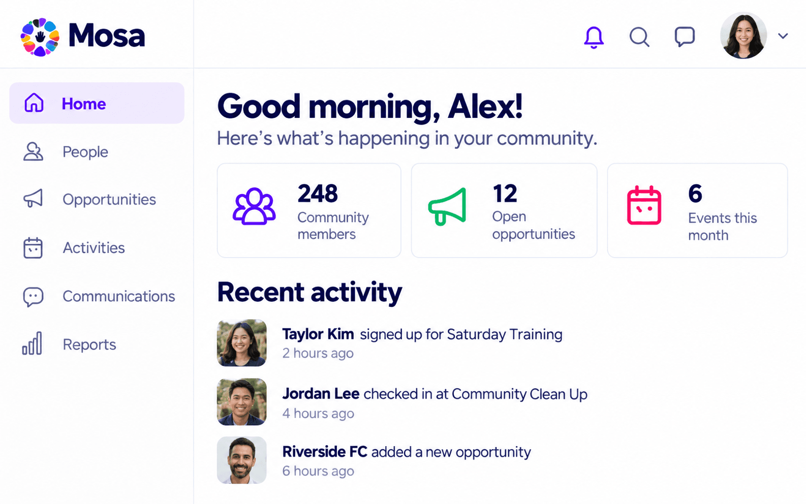 Mosa community dashboard showing people, opportunities, activities, communications, reports and recent contributions.
