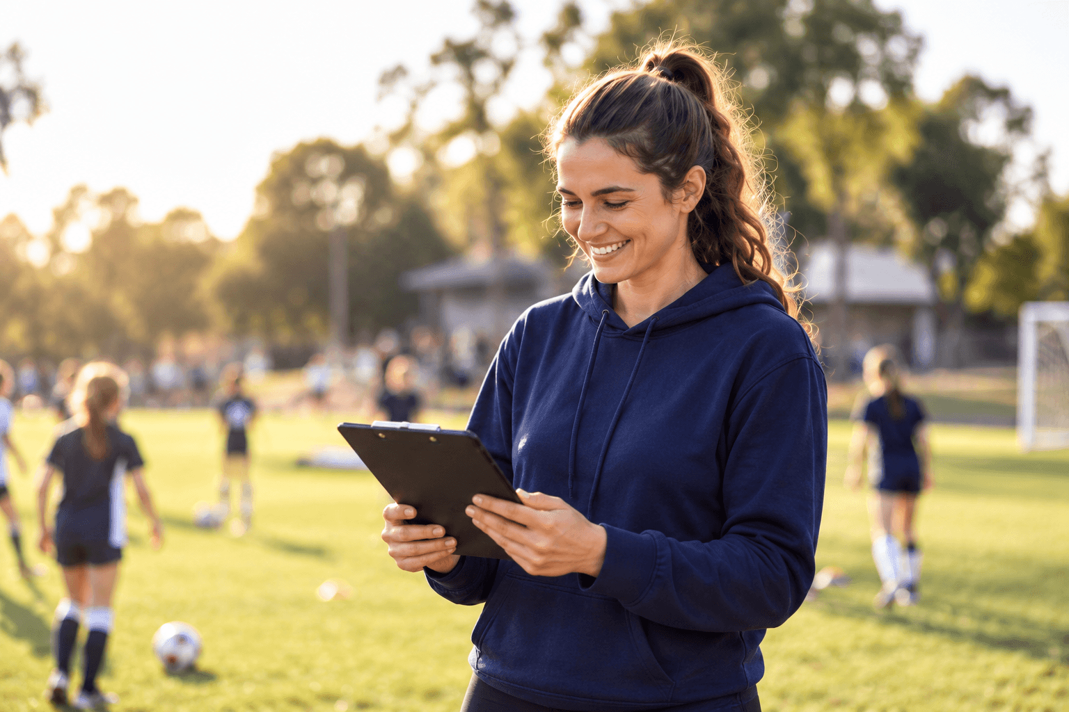 A volunteer coordinator checking a tablet beside a community football field.