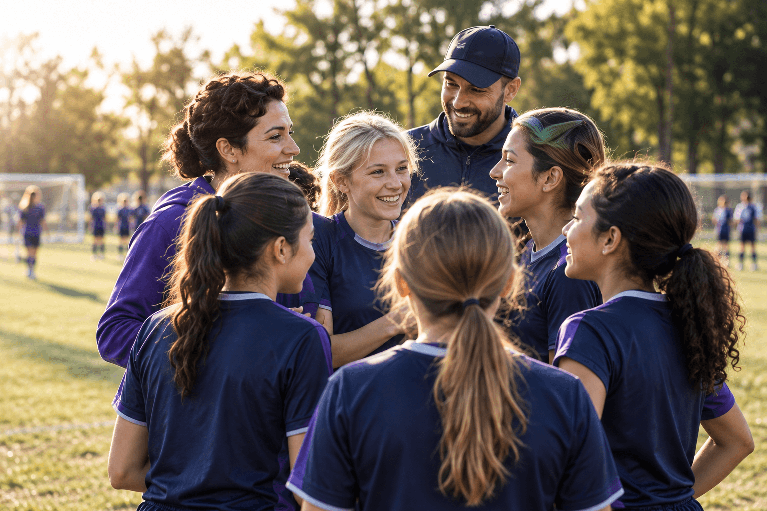 Young football players and their coaches enjoying a community team huddle.